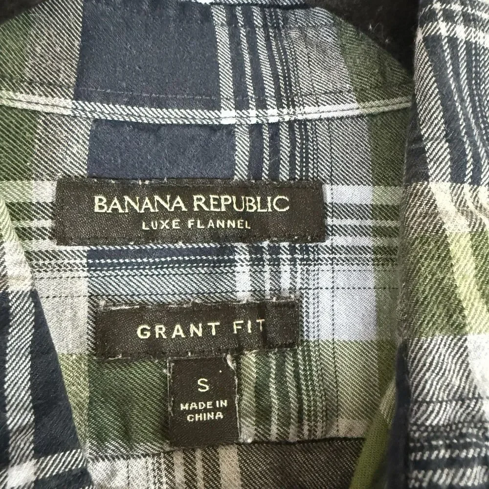 Banana Republic Grant Fit Luxe Flannel Men's Small Green Blue Long Sleeve Button